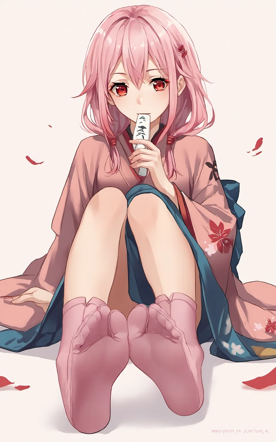 score_9,score_8_up,score_7_up,score_6_up,score_5_up,score_4_up,source_anime,1girl,kimono,japanese clothes,tabi,pink socks,<lora:inori-yuzuriha-ponyxl-lora-nochekaiser:0.8>,inori yuzuriha,hair ornament,hairclip,long hair,pink hair,red eyes,twintails,no shoes,sitting,<lora:tabi_pony-000017:1>,soles,