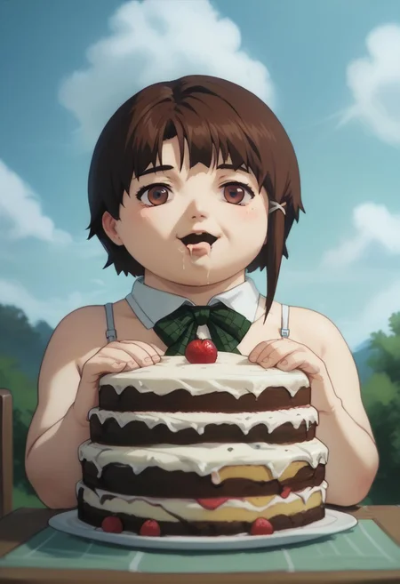 score_9, score_8_up, score_7_up, score_6, source_anime, lain, (light green camisole, green bowtie), table, ((green tartan tablecloth)), (((cakes (stacking pile on table))), ((fat, fattie, overweight, eating dessert, drooling)), close view, cute, ((chibi, kawaii)), clouds sky background, outdoors
