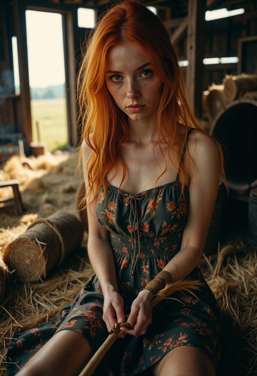 cinematic film still f4rm3rw0m4n, woman, red hair, (full body shot:1.25), outside on a farm, whittling a stick . shallow depth of field, vignette, highly detailed, high budget, bokeh, cinemascope, moody, epic, gorgeous, film grain, grainy