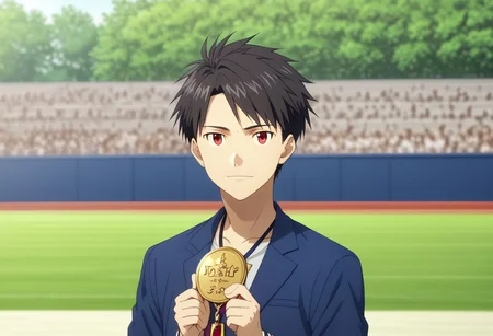 high resolution, solo, best quality, 1Boy, Yamato Ishida, Black Hair, Red Eyes, portraits, proud, outdoor, Holding a Medal, Half Body, Depth Of Field, OverallDetail