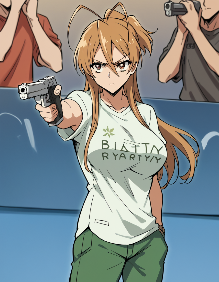 score_9, score_8_up, score_7_up, source_anime, <lora:rei-miyamoto-ponyxl-lora-nochekaiser:1>, rei miyamoto, long hair, brown hair, brown eyes, antenna hair, ponytail, large breasts, <lora:yusuf-dikec-ponyxl-lora-nochekaiser:1> yusuf dikec, yusuf dikec (meme), meme, hand in pocket, handgun, holding gun, gun, shirt, t-shirt, pants, audience,, , cowboy shot,