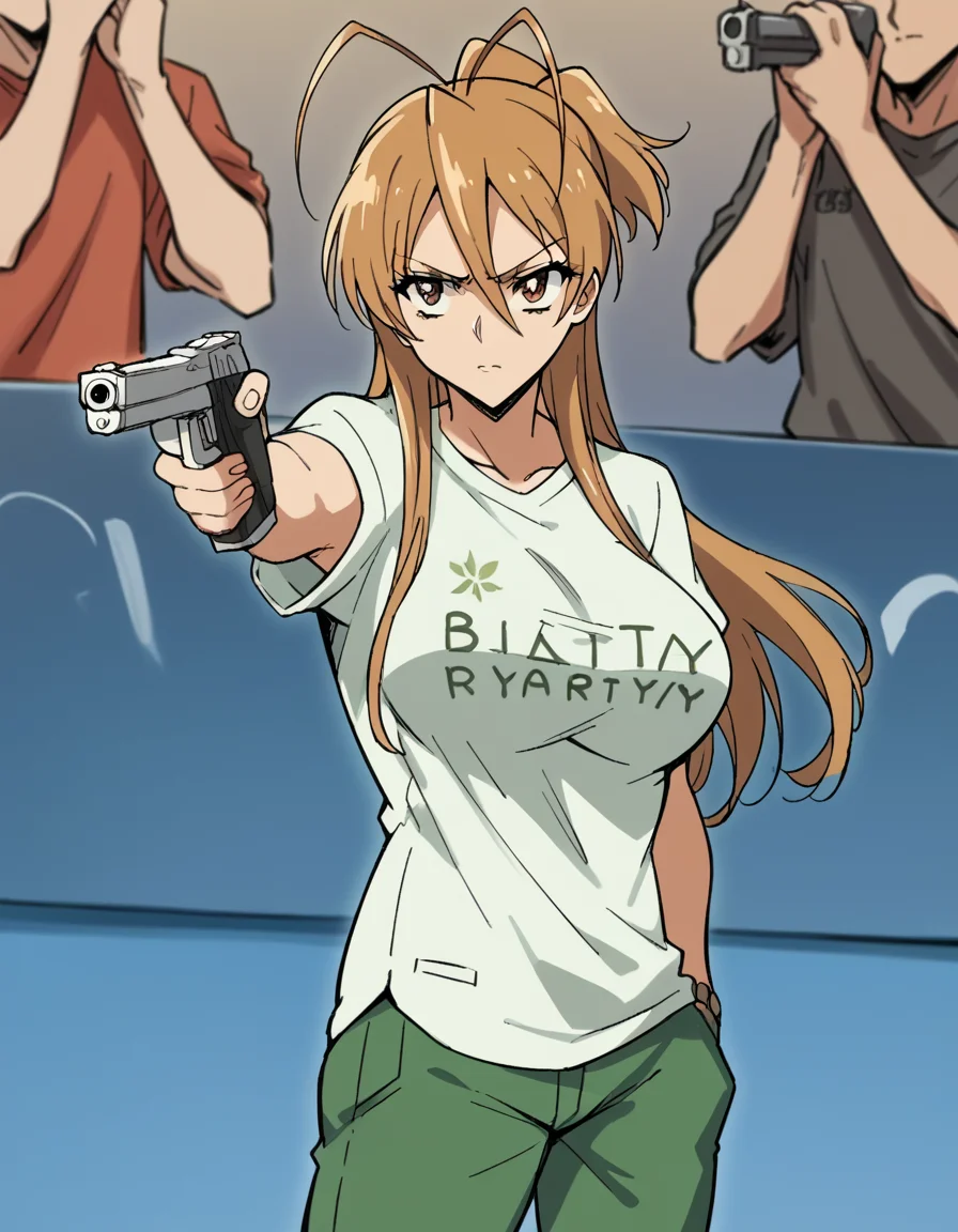 score_9, score_8_up, score_7_up, source_anime, <lora:rei-miyamoto-ponyxl-lora-nochekaiser:1>, rei miyamoto, long hair, brown hair, brown eyes, antenna hair, ponytail, large breasts, <lora:yusuf-dikec-ponyxl-lora-nochekaiser:1> yusuf dikec, yusuf dikec (meme), meme, hand in pocket, handgun, holding gun, gun, shirt, t-shirt, pants, audience,, , cowboy shot,