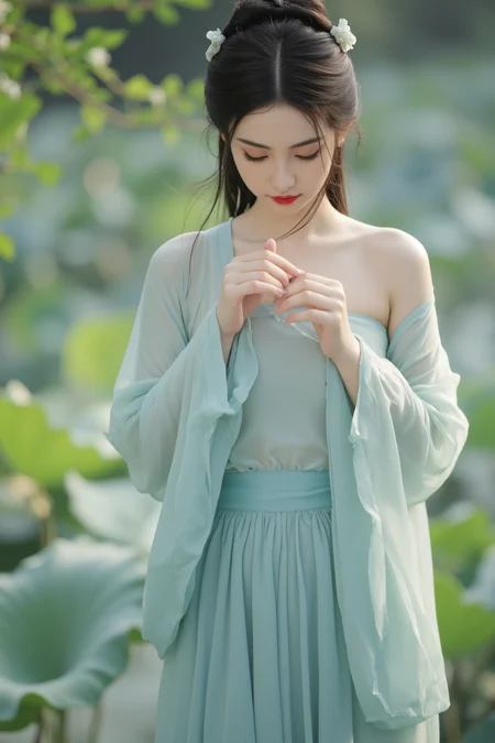 <lora:ã麦æ©éè¡£ãMajicflus:0.7>, qingyi, In the soft morning light, a close-up captures a delicate young woman wearing a cyan translucent hanfu, with her bare shoulders and arms subtly visible. She gently adjusts her loose neckline, the skirt ending just above her knees for a breezy and minimalist appeal. Her loosely styled updo is adorned with small jade pins. The background features a misty lotus pond and swaying leaves.âââ
