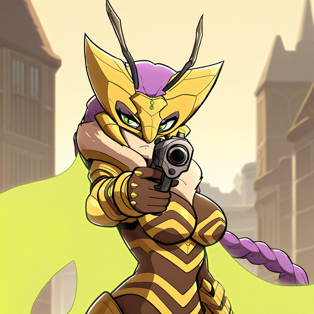 highres, best quality, masterpiece, very aesthetic,1girl,solo,queenbeemon,purple hair,braided ponytail,hair ornament,green eyes,antenna,whoapizzas, <lora:QueenBeemonIllustrious:1>, upper body,holding pistol,aiming at viewer,alleyway,outdoors,buildings,fierce,annoyed,energy cape