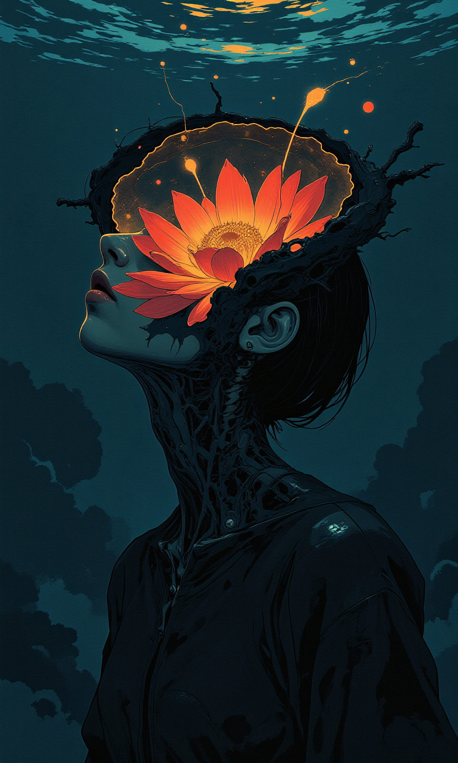 In a surreal portrait, a woman with short, straight brown hair floats against a dark blue gradient background, its depths swirling like the void of a twilight cosmos. Her face is grotesquely elongated, stretched into a ribbon-like curve that defies anatomy, yet retains an eerie elegance. Her head is hollow, a cavernous silhouette where shadows cling to the edges, and within it, a luminous flower bloomsâpetals unfurling in vibrant hues of crimson and gold, a burst of life erupting from emptiness.
Her eyes are entirely white, devoid of pupils, glowing faintly as they stare into nothingness. The stretched planes of her face shimmer with an almost metallic sheen, as if sculpted from liquid silk frozen mid-motion. The contrast between the organic delicacy of the flower and the unnatural distortion of her form creates a haunting tension, both unsettling and magnetic.
This is a vision of paradox: decay and rebirth, emptiness and abundance, humanity and abstraction. She exists in the liminal space between reality and dream, a silent testament to the surreal beauty of transformation.
BREAK anime, bboil artist style, vantablack