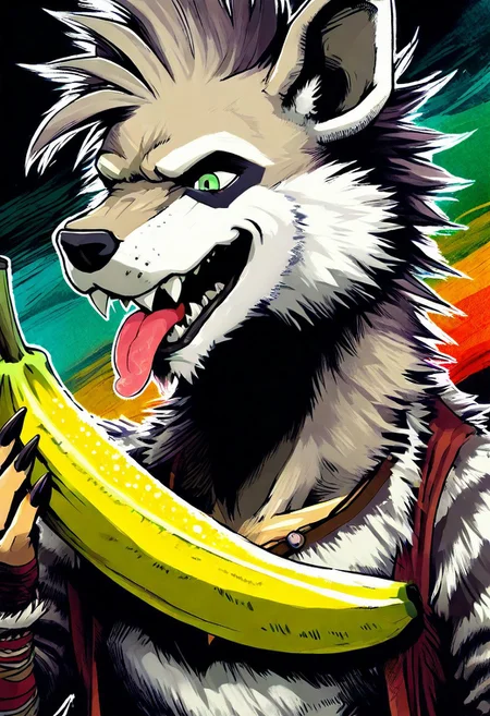 rgtexture, abstract background, (masterpiece, best quality, very aesthetic, newest, 2024), (solo, Male, Anthro), black background, 
striped hyena, silver earring, large text, (lick the banana, holding banana:1.2), large banana, open mouth, sharp teeth, shirtless, close up shot,