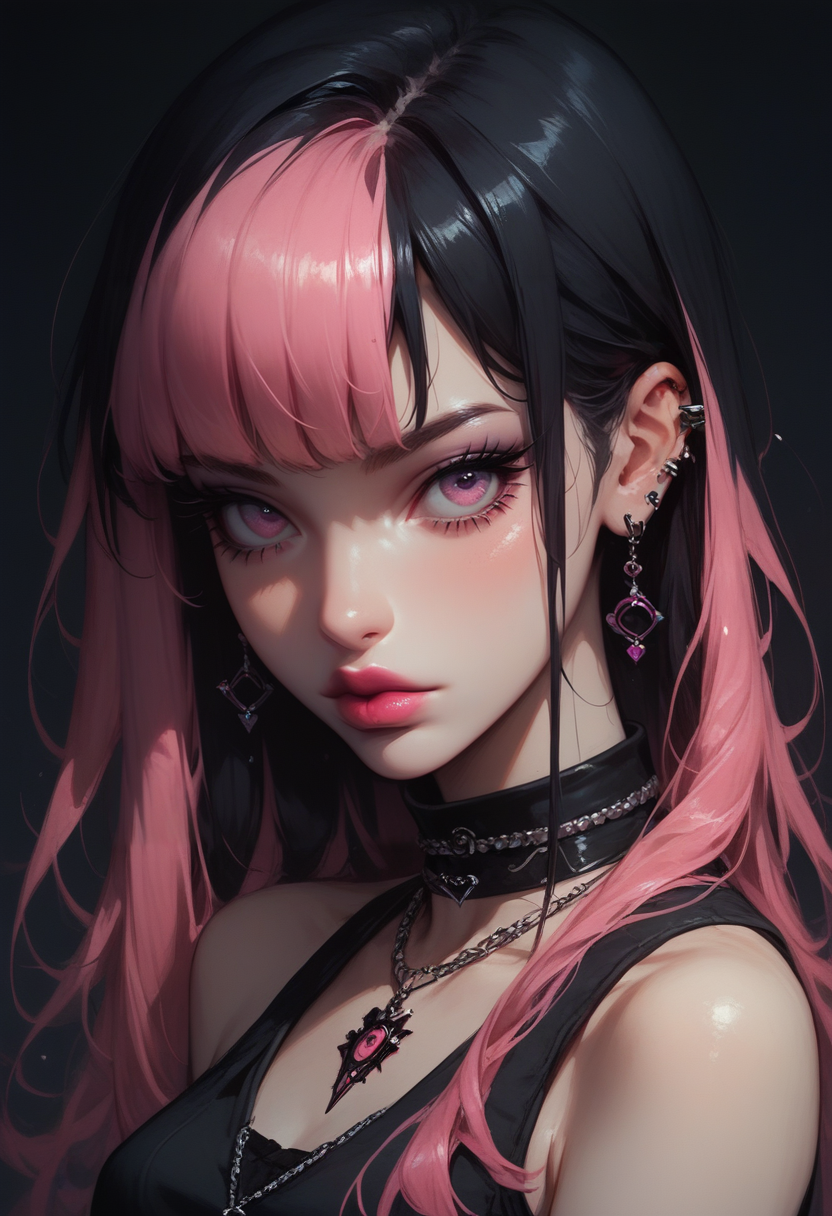 score_9, score_8_up, score_7_up, Goth girl, goth girl 1girl, 1girl,solo,looking at viewer,long hair,bangs,black hair,bare shoulders,jewelry,pink hair,multicolored hair, from above, sleeveless,pink eyes,necklace,two-tone hair,lips,makeup,lipstick,black background,portrait,spot color , <lora:Goth_girl_XL-v2:0.8>, <lora:Concept Art Twilight Style SDXL_LoRA_Pony Diffusion V6 XL:0.8>, <lora:[GP] somethingweird [Pony XL]:0.2>, <lora:g0th1cPXL:0.3>,