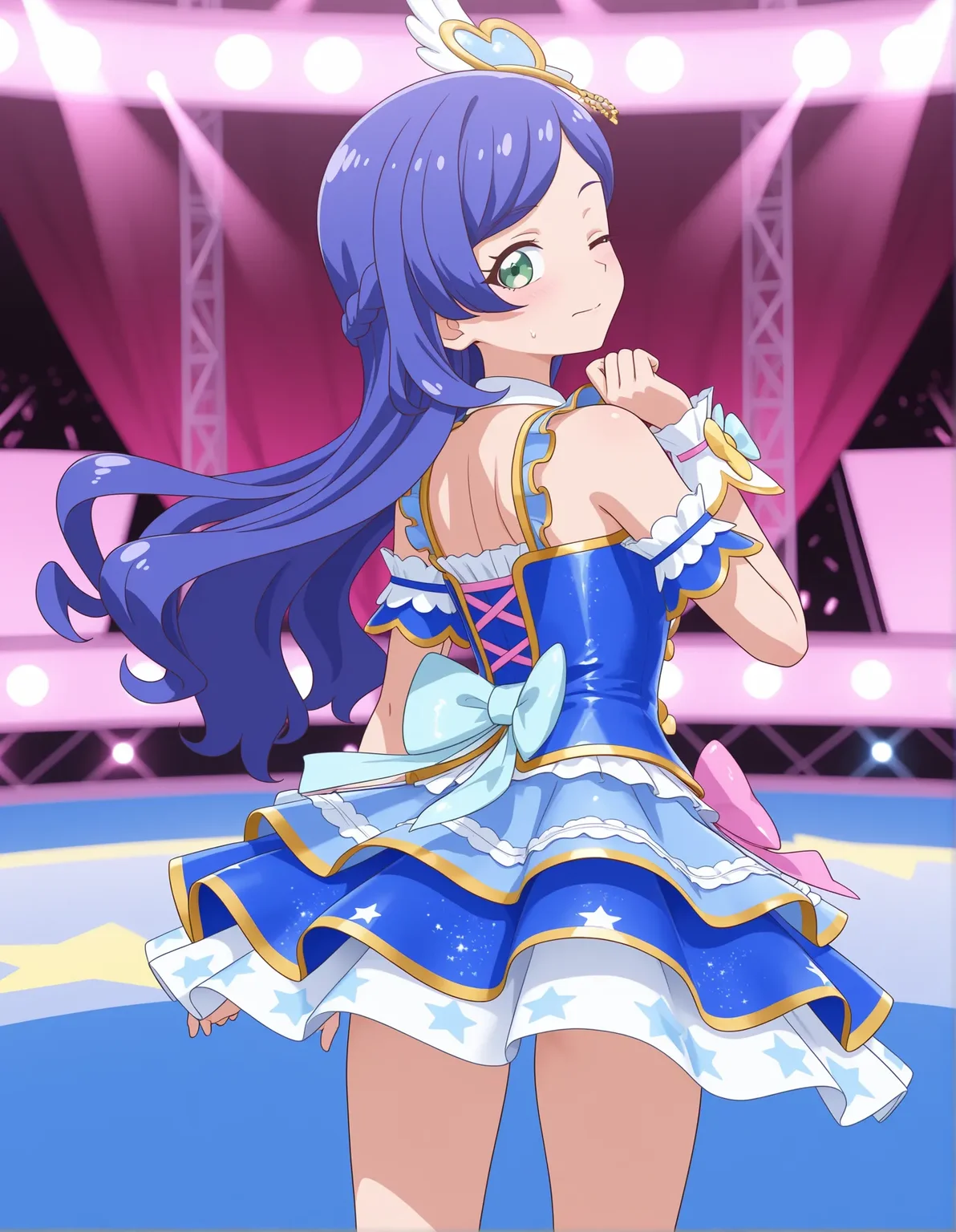 safe,best quality,very aesthetic,absurdres,newest,masterpiece,1girl,solo,highres,anime coloring,annoyance,from behind, ,embarrassed ,one eye closed,<lora:il-prichan-rinka1.0:1>,aobarinka3d,(3d),kiratto pri chan,blue hair,long hair,asymmetrical bangs,green eyes,small breasts,idol clothes,anime screenshot,