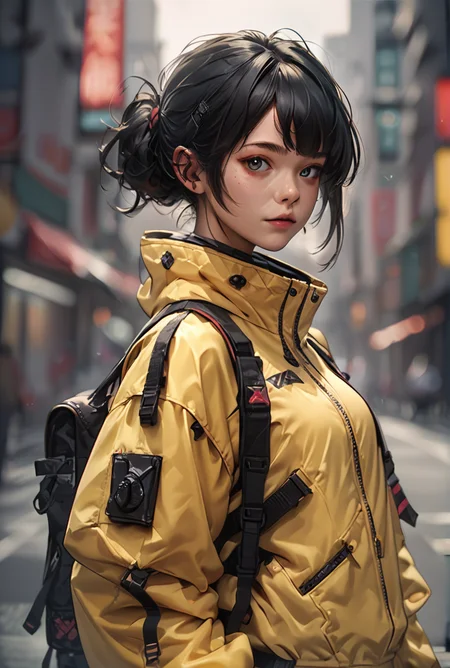 score_9, score_8_up, score_7_up,score_6_up, score_5_up, score_4_up, BREAK
techwear, <lora:TechWearPony:0.8>,
, 1girl, solo, black hair, blurry background, looking at viewer, yellow jacket