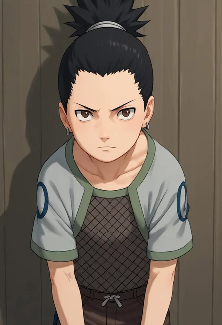 score_9, score_8_up, score_7_up, highly detailed, cute boy, 1boy, solo, young, Shikamaru_Nara, Brown Eyes, Black Hair, Ponytail, Earrings, fishnet shirt, Brown Pants,