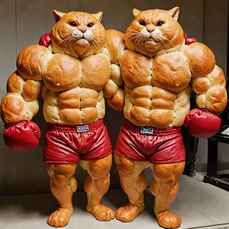 Hyper-realistic portrait of an enormous anthropomorphized muscular bread cat, a determined muscular bread rat in boxing gloves and trunks, fantastical lighting, intricate fur textures and gym equipment depicted in photoreal detail, elegant muscular forms, intense competition and sportsmanship between unlikely opponents, <lora:PAseer-SDXL-MuscularBread:1>