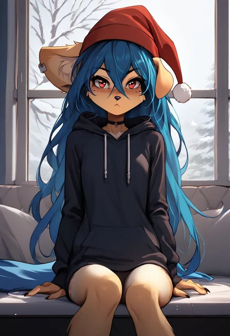 score_9, score_8_up, score_7_up, source_cartoon, ng_deepnegative_v1_75t, Expressiveh, 5fingers, fur, anthro, female, tail, body fur, Apogee, deteiled background, naughty face, long hair, freckles, piercing, 1girl, animal ears, cinematic lighting, absurd res, room background, sitting, sitting on windowsill, window, full view, Hoodie Sweatshirt, black Hoodie Sweatshirt, christmas hat, red hat, Dark blue hair,