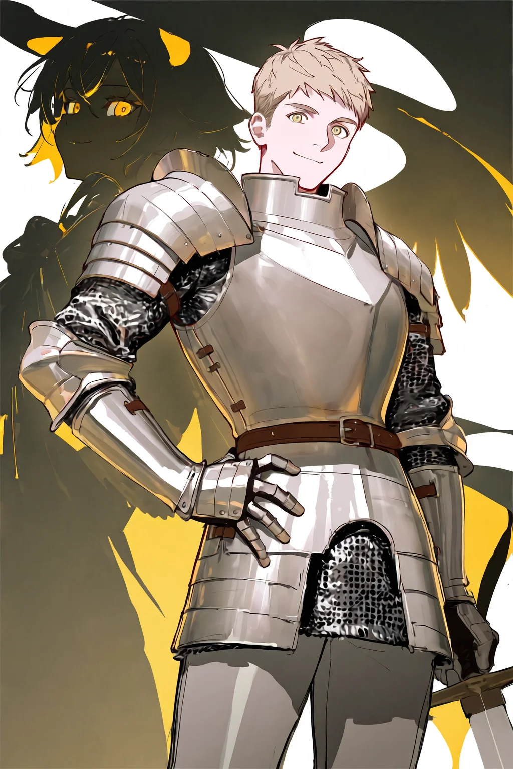 1boy, male focus, laios touden, dungeon meshi, 
reoen, liduke, eboda-x, yuyumu, (rurudo:1.05), (cogecha:1.05), (ask \(askzy\):1.05), 
year 2022, cowboy shot, armor, bara, blonde hair, chainmail, holding, holding sword, holding weapon, living weapon, solo, sword, weapon, winged sword, yellow eyes
very aesthetic, high definition, simple background, smile, vambraces, white background, short hair, looking at viewer, pauldrons, meme, hand on own hip, faulds, amazing quality midwinter \(meme\), gauntlets, capelet, knight, breastplate, shoulder armor, closed mouth, yellow theme,
masterpiece, best quality, very aesthetic, highres, absurdres, sensitive