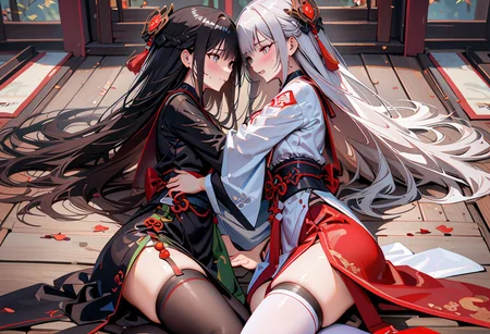 (Masturbation_X), 2girls, mutual (masturbation), arms (crossed),
(masterpiece), (best quality), 4K, (ultra high res), (extreamly detailed), sharp lines,
black long hair (left), white short hair (right),
black cheongsam (left), white hanfu (right),
Black stockings (left), white stockings (right),
(Intricate clothing), (ornate decorations),
Orgasm face,
lie on the floor, (Tai Chi), (Ying Yang),
Chinese architecture, Chinese decoration,