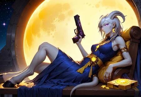 (absurdres, best quality, masterpiece:1.4), score_9, score_8_up, score_7_up, score_6_up, detailed, detailed body, detailed face, world of warcraft, fantasy, <lora:add-detail-xl:1.5>,
fFaceDetail, (female, draenei, h0rns, ram horns, white horns, tall, athletic arms, pale white skin, long white hair, purple eyes, long white tail, long fingers, purple fingernail polish),
(long loose blue dress, yellow silk scarf, tail under dress, simple armlet, small yellow gem pendant, small yellow gem earrings),
portrait, side view, looking to viewer, angered face, (lying down, lying on bench, lying on side),
GunMonk, pistol, full body, side view, (window in background, outer space in background, stars, no clouds, distant moon), metal wall, limestone furniture, sitting at table, legs on table, leaning back in chair