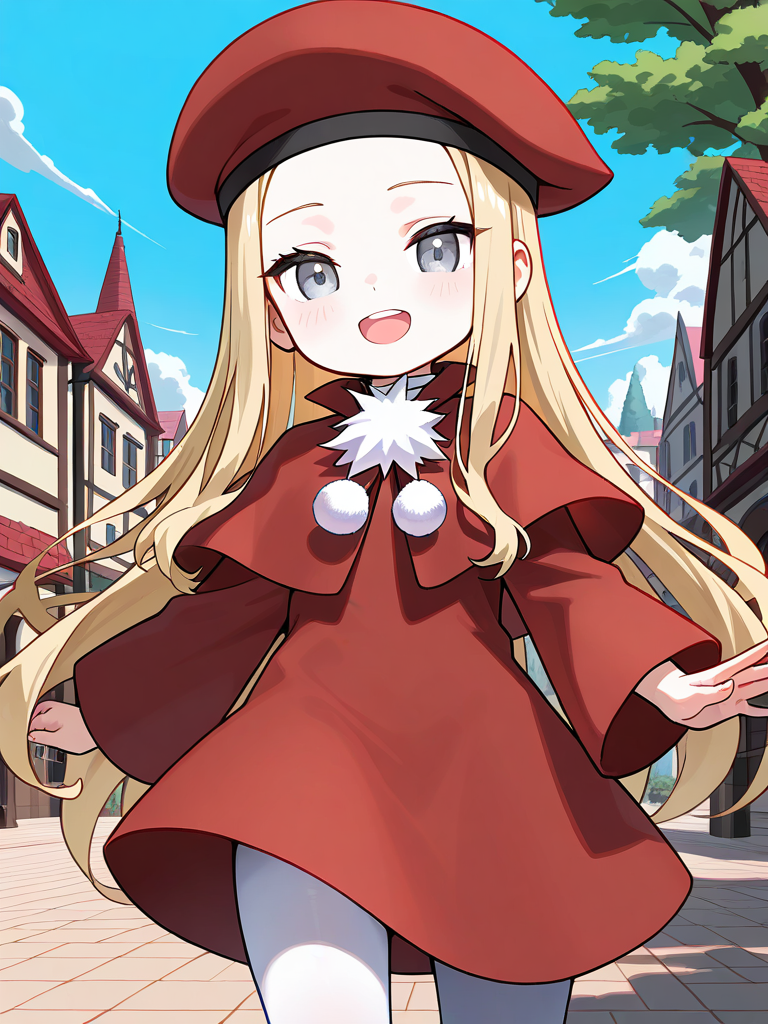 <lora:Belfraw_Martini_IS:1>Belfraw_Martini, 1girl, solo, very long hair, blonde hair, greyeye, black eye,red beret, bangs, short stack, 
1girl, solo,  open mouth, pom pom (clothes), capelet, 
sky, :d, looking at viewer, long sleeves, white pantyhose, red dress, outdoor, town, tree, smile, looking at viewer, cowboy_Shot,