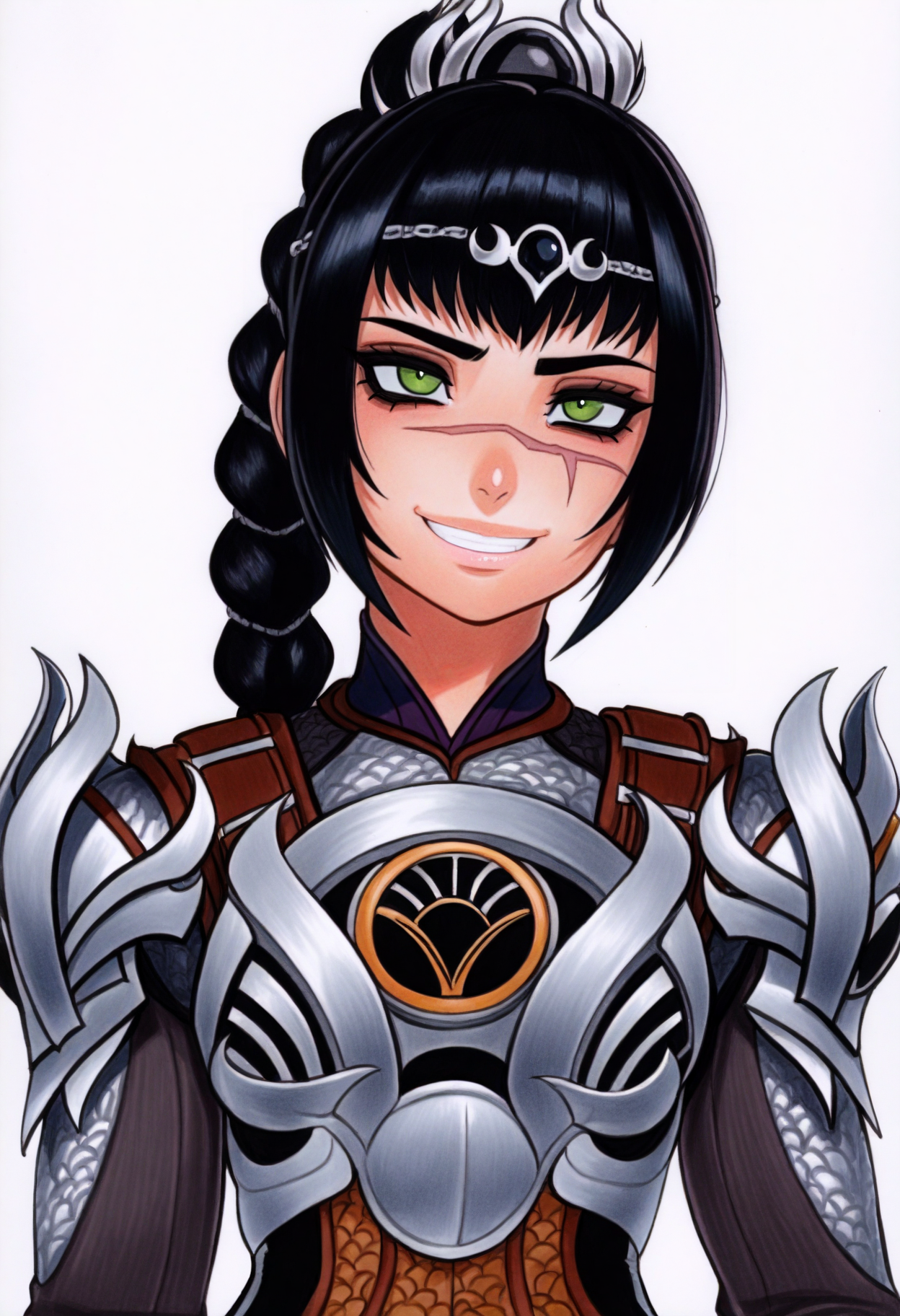 omardogan, marker \(medium\), traditional media,
best quality, amazing quality, very aesthetic, absurdres,
1girl, solo, shadowheart, black hair, braided ponytail, green eyes, scar on face, circlet, armor,
horny smile, looking at viewer, upper body, simple background, white background   <lora:ShadowHeartIllustrious_byKonan:0.8>   <lora:OmarDoganIllustriousXL_byKonan:1>