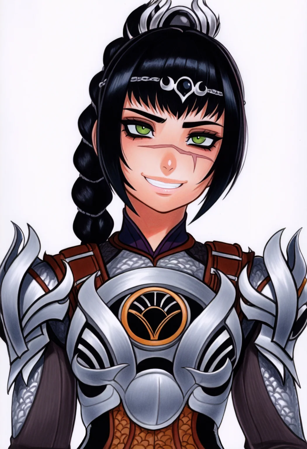 omardogan, marker \(medium\), traditional media,
best quality, amazing quality, very aesthetic, absurdres,
1girl, solo, shadowheart, black hair, braided ponytail, green eyes, scar on face, circlet, armor,
horny smile, looking at viewer, upper body, simple background, white background <lora:ShadowHeartIllustrious_byKonan:0.8> <lora:OmarDoganIllustriousXL_byKonan:1>