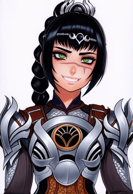 omardogan, marker \(medium\), traditional media,
best quality, amazing quality, very aesthetic, absurdres,
1girl, solo, shadowheart, black hair, braided ponytail, green eyes, scar on face, circlet, armor,
horny smile, looking at viewer, upper body, simple background, white background <lora:ShadowHeartIllustrious_byKonan:0.8> <lora:OmarDoganIllustriousXL_byKonan:1>