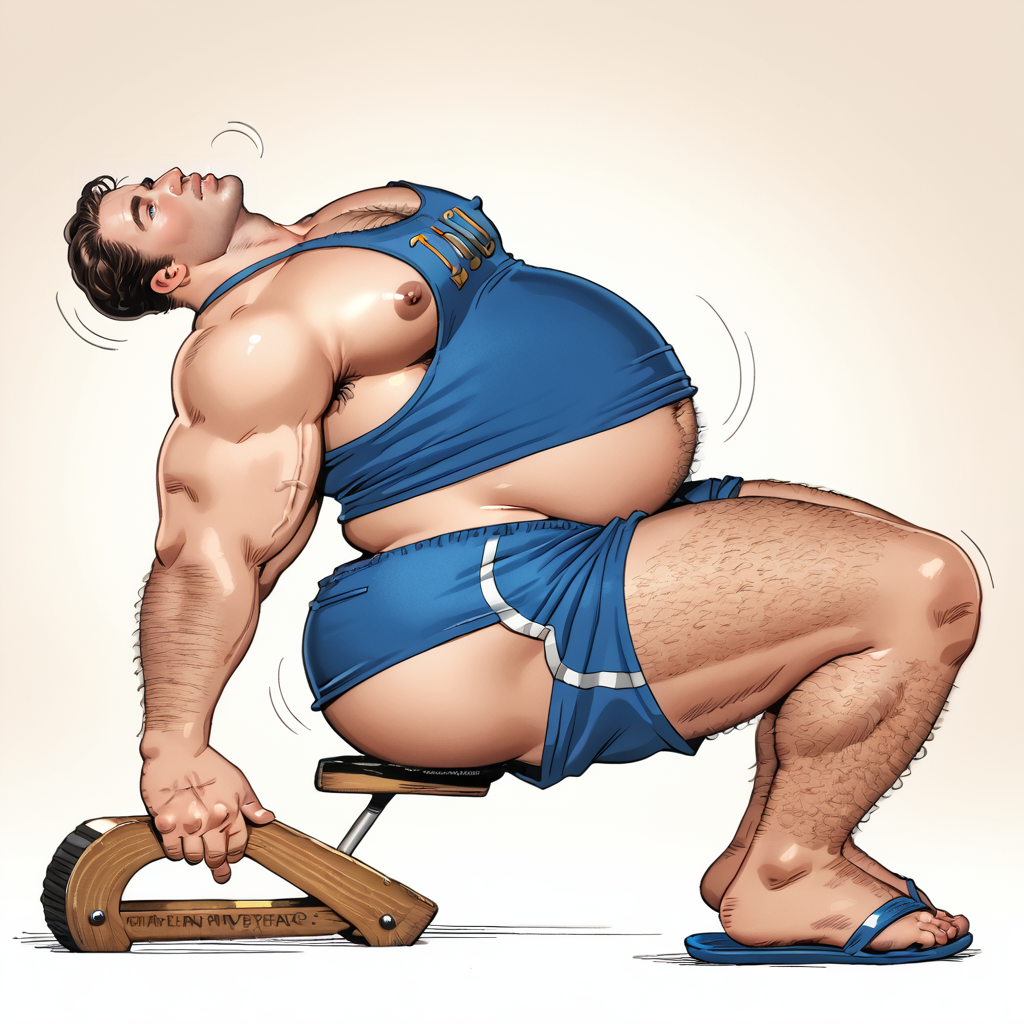 score_9, score_8_up, score_7_up, solo, manly male, pelvis forward, arched back, blue eyes, brown hair, blue shorts, blue shirt riding up, hairy, flip flops, massive butt, large pecs, college, beefy, brawny, <lora:Warren_Davis_mix_v2:1> warren davis, warren_davis,  hair fetish, fat, eyes rolled back