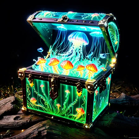 masterpiece,
jellyfishstyle, treasure chest,glow
<lora:jellyfish-xl:0.8>
