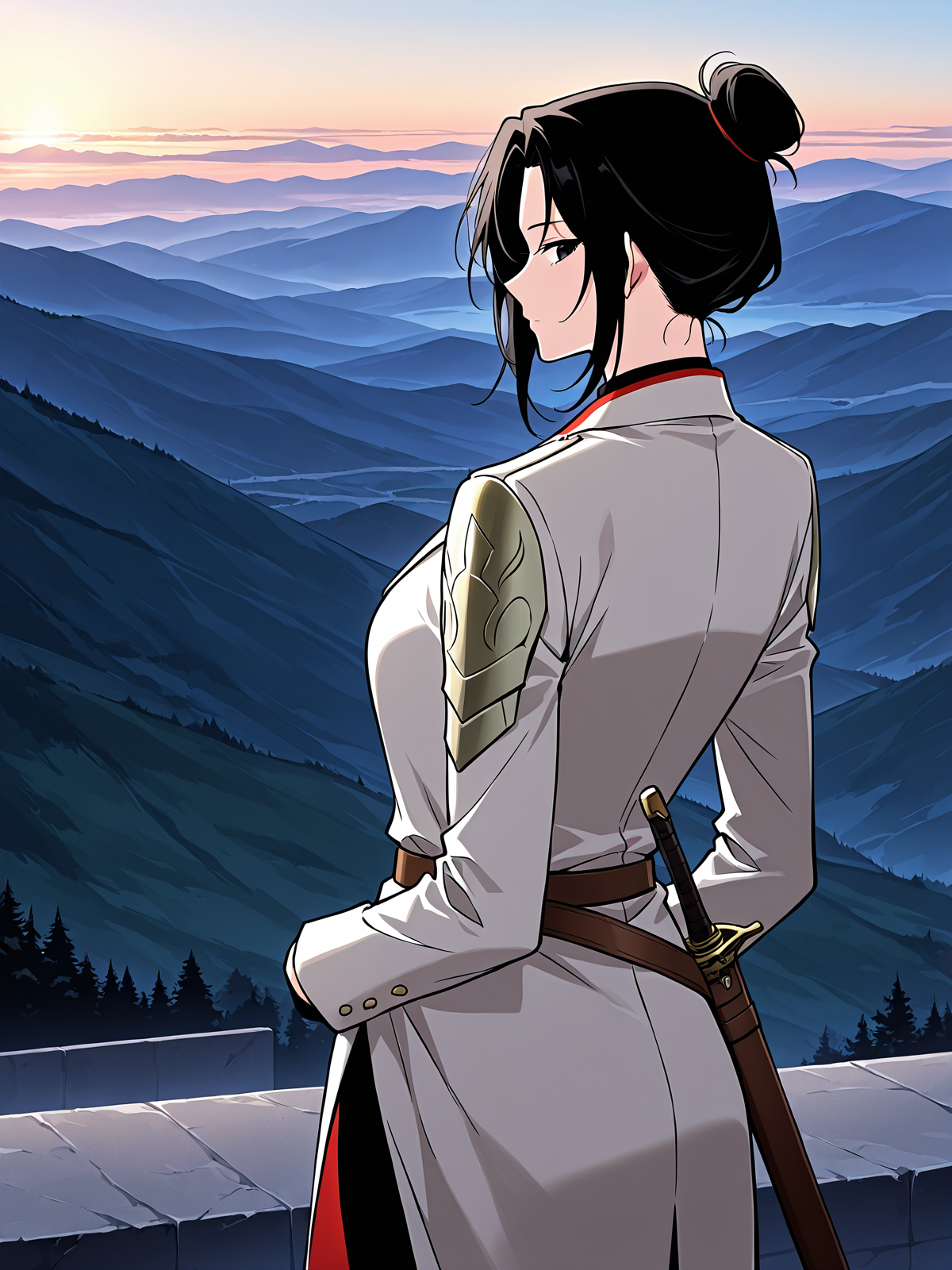<lora:Omniscient_Readers_Viewpoint__Jung_Heewon:1>
1 girl, solo, black hair, long hair, black eyes, tied hair, 
white coat, red inner lining, black shirt, black pants, brown belt, sword sheath, 
score_9, score_8_up, score_7_up, source anime, BREAK, cowboy shot, (from side), looking back, looking at viewer, overlooking mountain, high altitude, scenery, exterior, background