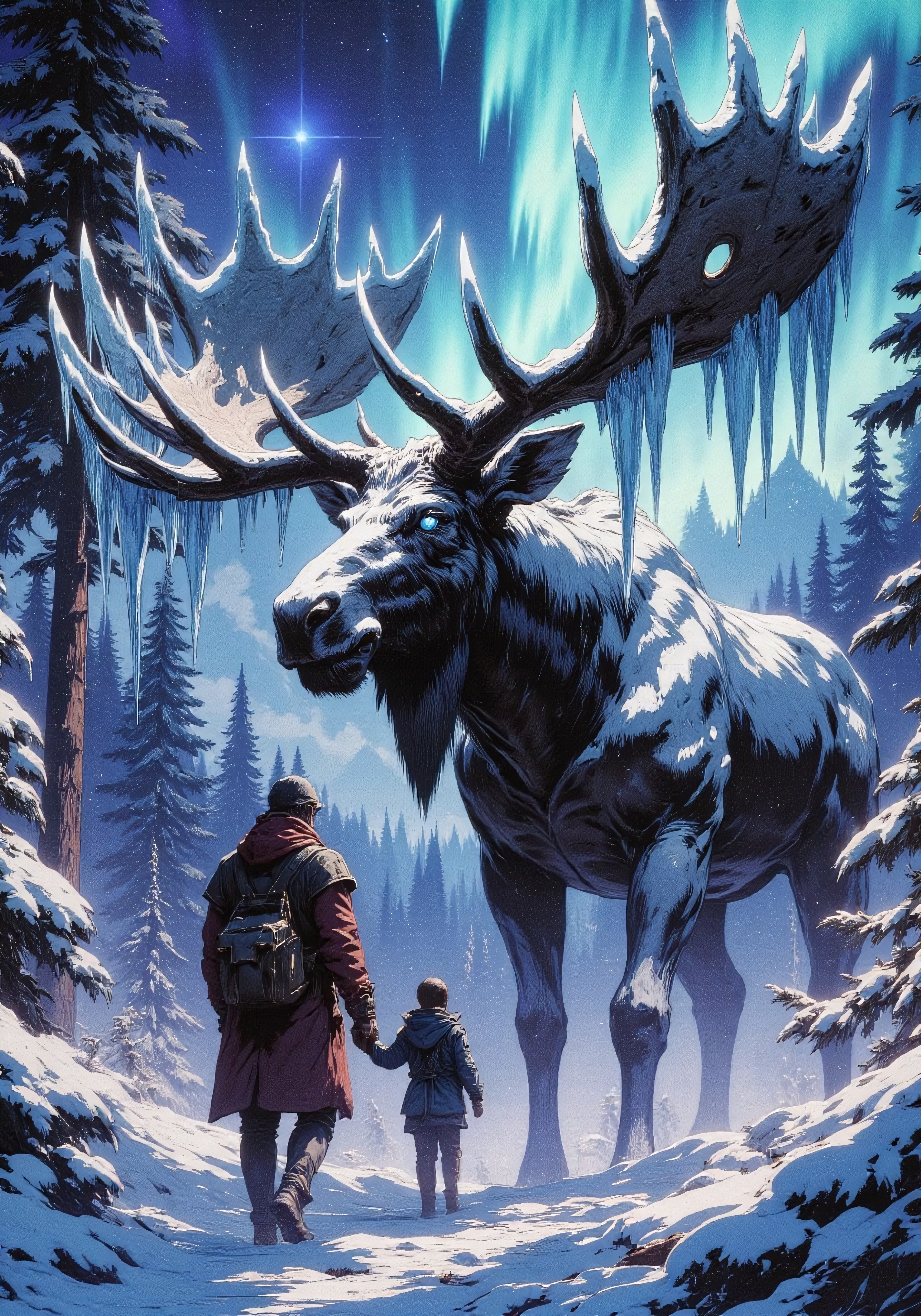 The landscape of a beautiful snowy forest, in the foreground a man with his son, seen from the back of the subjects, a huge moose makes its way through the trees, the elk's antlers are large and frozen, the elk's antlers are completely turned to ice, , from the elk's antlers hang ice stalactites, the moose's eyes are bright blue,  The scene takes place at night, a Northern Lights landscape, the father and his son look small compared to the moose, an atmosphere of mysticism and fantasy, 