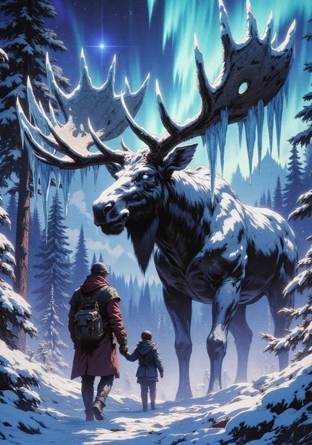 The landscape of a beautiful snowy forest, in the foreground a man with his son, seen from the back of the subjects, a huge moose makes its way through the trees, the elk's antlers are large and frozen, the elk's antlers are completely turned to ice, , from the elk's antlers hang ice stalactites, the moose's eyes are bright blue, The scene takes place at night, a Northern Lights landscape, the father and his son look small compared to the moose, an atmosphere of mysticism and fantasy,