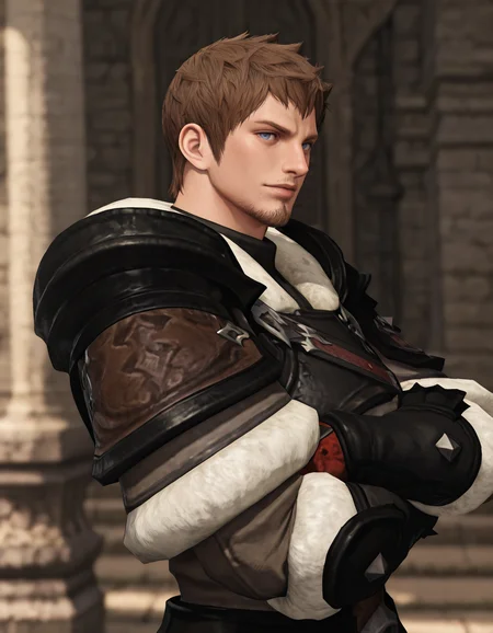 masterpiece, best quality, newest, perfect quality, best quality, detailed background, intricate details, male focus, realistic, solo, <lora:FFXIV - Ardbert Hylfyst - Illustrious-000008:0.7>, ardbert_ffxiv, 1boy, mature male, short hair, brown hair, blue eyes, goatee, fur-trimmed collar, fur-trimmed pauldrons, armor, fur-trimmed gloves, tassets, upper body, crossed arms, from side, looking at viewer