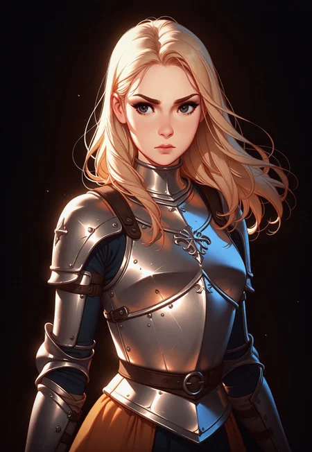 Tsuaii, flat colors,high detailed, high quality, masterpiece,
1girl, upper body, (black background), dynamic lighting, standing, holding an xxe, battle stance,
simple steel breastplate, medieval, knight