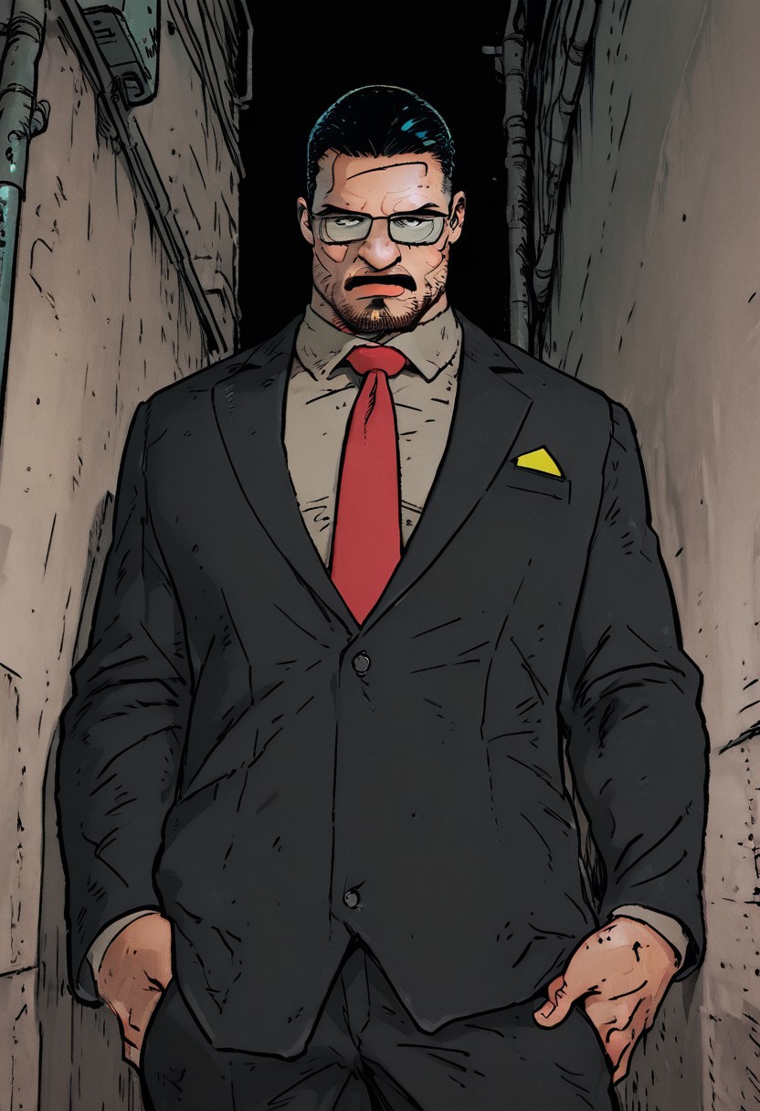 (masterpiece), (ultra-detailed, 8k, gritty cinematic style), mid shot, male pov (best quality), (ultra-detailed), noise effect. chromatic aberration, 
BREAK
1 boy,  black hair, bara, pants, facial hair, mustache,  formal, suit, red necktie, collared shirt, glasses, eyes at viewer,  portrait, 
  standing, contrapposto, alley lit by flickering neon, happy,open mouth, frown 
BREAK
urban desire at its peak, 
,