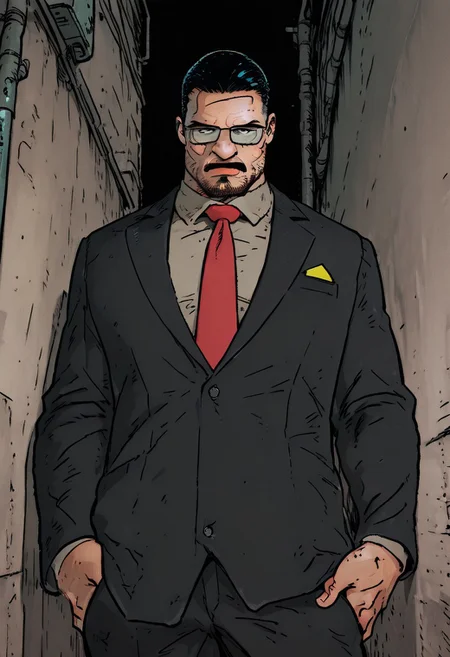 (masterpiece), (ultra-detailed, 8k, gritty cinematic style), mid shot, male pov (best quality), (ultra-detailed), noise effect. chromatic aberration,
BREAK
1 boy, black hair, bara, pants, facial hair, mustache, formal, suit, red necktie, collared shirt, glasses, eyes at viewer, portrait,
standing, contrapposto, alley lit by flickering neon, happy,open mouth, frown
BREAK
urban desire at its peak,
,