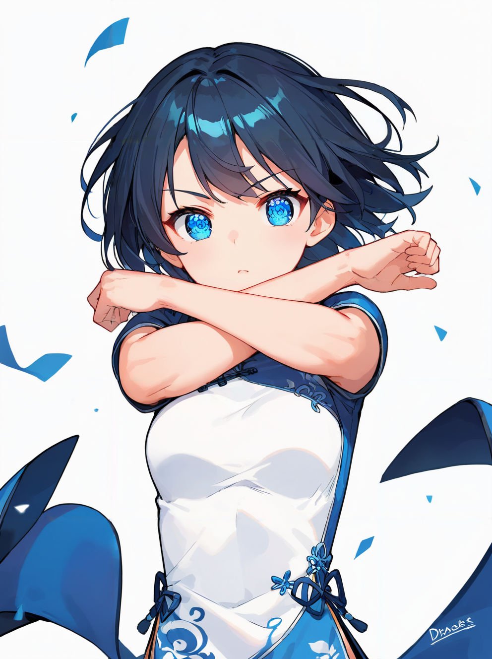 score_9, score_8_up, score_7_up,source_anime, high res image,masterpiece,best quality,(woman,middel bdeasts:1.0),cute face,clear skin,shiny hair,ultra detailed eyes,simple background,blue eyes, <lora:defence pose_pony_V1.0:0.8> defense pose,fighting pose,crossed arms,arms up,hold hands,china dress