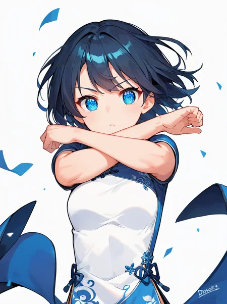 score_9, score_8_up, score_7_up,source_anime, high res image,masterpiece,best quality,(woman,middel bdeasts:1.0),cute face,clear skin,shiny hair,ultra detailed eyes,simple background,blue eyes, <lora:defence pose_pony_V1.0:0.8> defense pose,fighting pose,crossed arms,arms up,hold hands,china dress