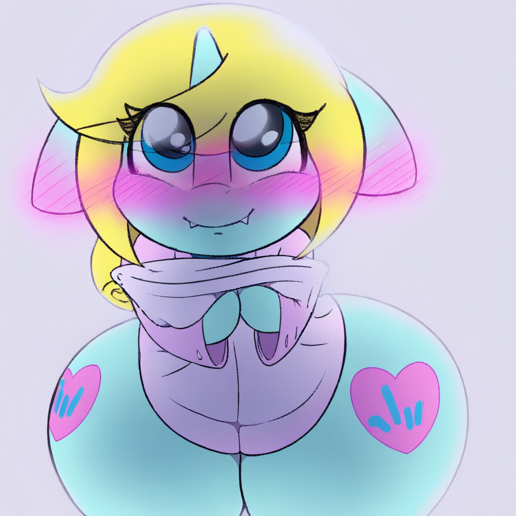 safe, artist:lefthighkick, blushing, clothes, cute, pajamas, pillow, wide hips,(Lyrical Touch,OC:Lyrical Touch,short female unicorn pony, light cyan fur, long blonde mane, flowing blonde tail, icy blue eyes, pastel colors, pink blush, unicorn horn, heart-shaped cutie mark with stylized blue hand sign, soft expression, gentle face, shark teeth, Huge butt, Wide hips, thick thighs),shortstack