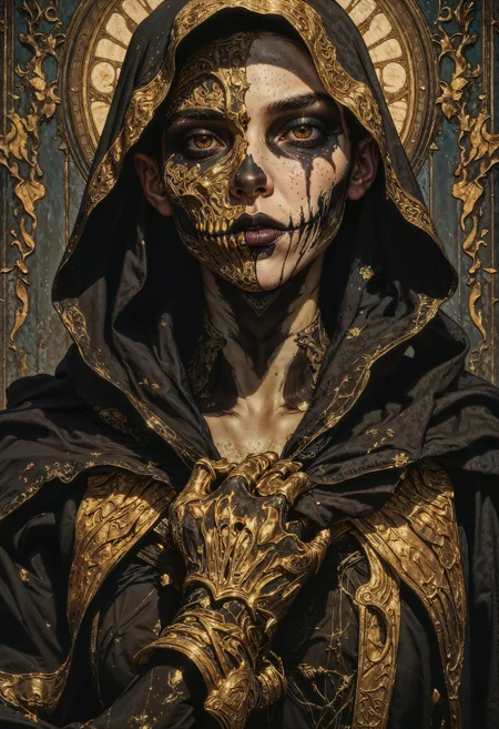 hyperrealism, elven girl, a stunning photo of a gorgeous necromancer female Aerenal Elf, gold and black robes, face warpaint, skull face paint, gorgeous, 8k HD, detailed skin texture, ultra realistic, textured skin,. (maximum ultra high definition image quality and rendering:3), maximum image detail, maximum realistic render, (((ultra realist style))), realist side lighting, , 8K high definition, realist soft lighting, (amazing special effect:3.5).