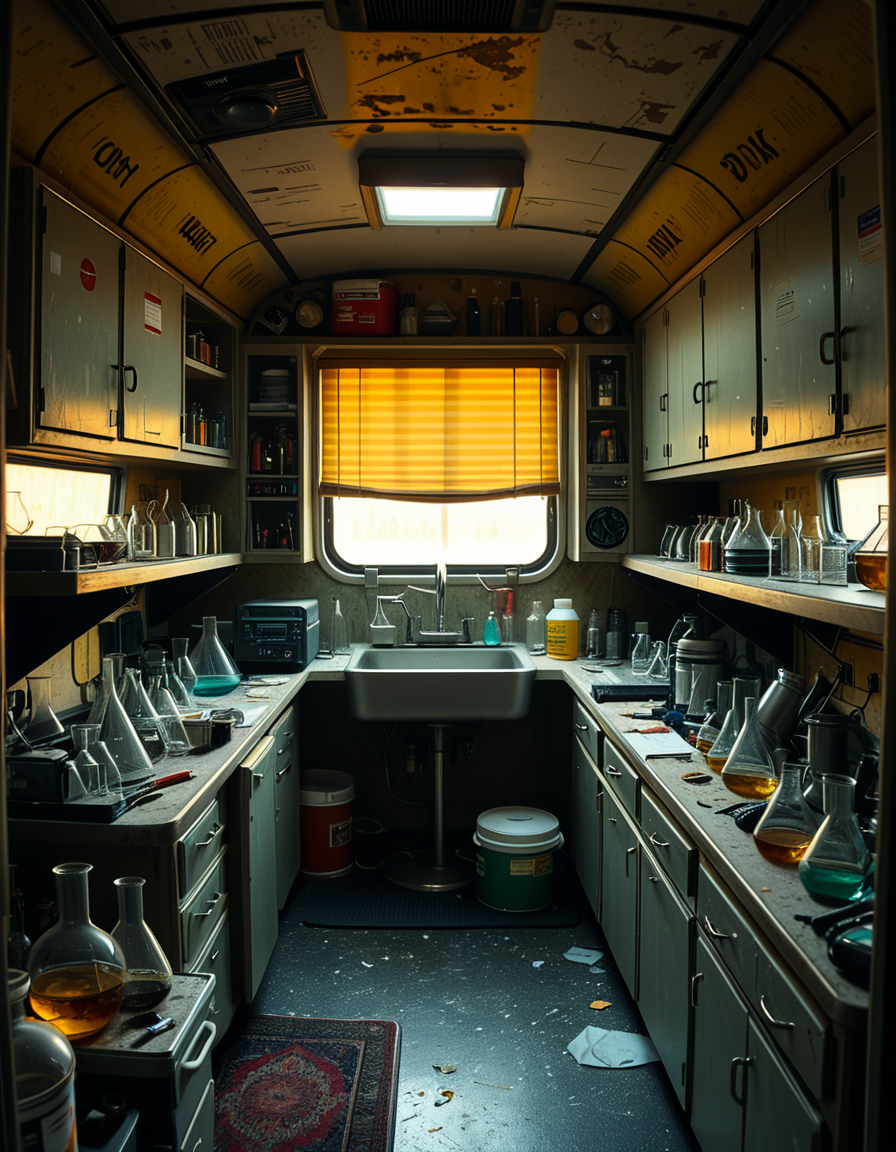 The interior of an old RV converted into a clandestine drug laboratory, inspired by the TV series Breaking Bad. The space is cramped and messy, filled with scientific equipment, glass beakers, flasks, burners, chemical containers, and lab tools scattered around. The walls are aged and stained, with peeling wallpaper and old metallic cabinets. A small sink area is cluttered with dirty lab glassware. The lighting is dim and tinted yellow, with sunlight barely filtering through dusty blinds. The floor is grimy, with a mix of rubber mats and worn carpet. The overall atmosphere is tense and gritty, capturing a sense of secrecy and danger. Hyper-realistic style, cinematic composition, rich in textures and shadows.
<lora:SDXLFaeTastic2400:0.4> <lora:extremely_detailed:0.4> extremely detailed,<lora:old_RV_drug_l4b0r4t0ry:1>,old RV drug l4b0r4t0ry, Masterpiece,best quality,hi res,8k,hi res,8k,award winning,(sharp focus, intricate, highly detailed),