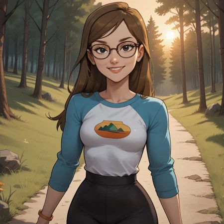 score_9, score_8, BREAK, solo, 1girl, multicolored long sleeves, undershirt, leggings, glasses, brown hair, long hair, black eyes, sneakers, breasts, total drama, Mary_(Total_Drama), tdtrr, cute, bracelet, sexy pose, self portrait, smile, outdoors, sunlight, shadows, evening lighting, natural lighting, forest, trees, grass, orange sky, sunset