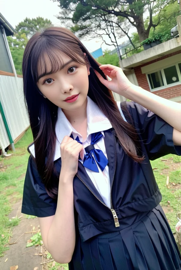 (8k, RAW photo, highly sensitive, best quality, masterpiece, ultra high res, photorealistic:1.25),high res,1girl, (school uniform:1.4),(floating hair:1.6), (skindentation), (professional lighting),(huge breasts:1.26),day,(outdoor:1.37),ultra-detailed,(shiny skin:1.35),(plump:1.25), (blouse:1.35),(light particles, lens flare, glowing particles:0.6),  (floating hair:1.2),(dynamic pose:1.2), specular lighting, soft lighting, sunlight, looking at viewer, (small head:1.4),pureerosface_v1, <lora:Arina:1>