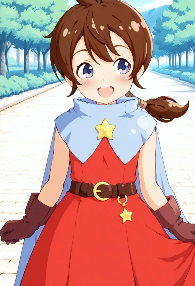 masterpiece,anime_coloring,anime_clothing,amazing_quality,Tokia_DMO, 1girl, solo,gloves, brown hair, (low ponytail), star \(symbol\), cape, sleeveless,red dress, long dress,belt, Sandals, close-up face,open mouth,blush,smile,happy,outdoor,dynamic pose,
