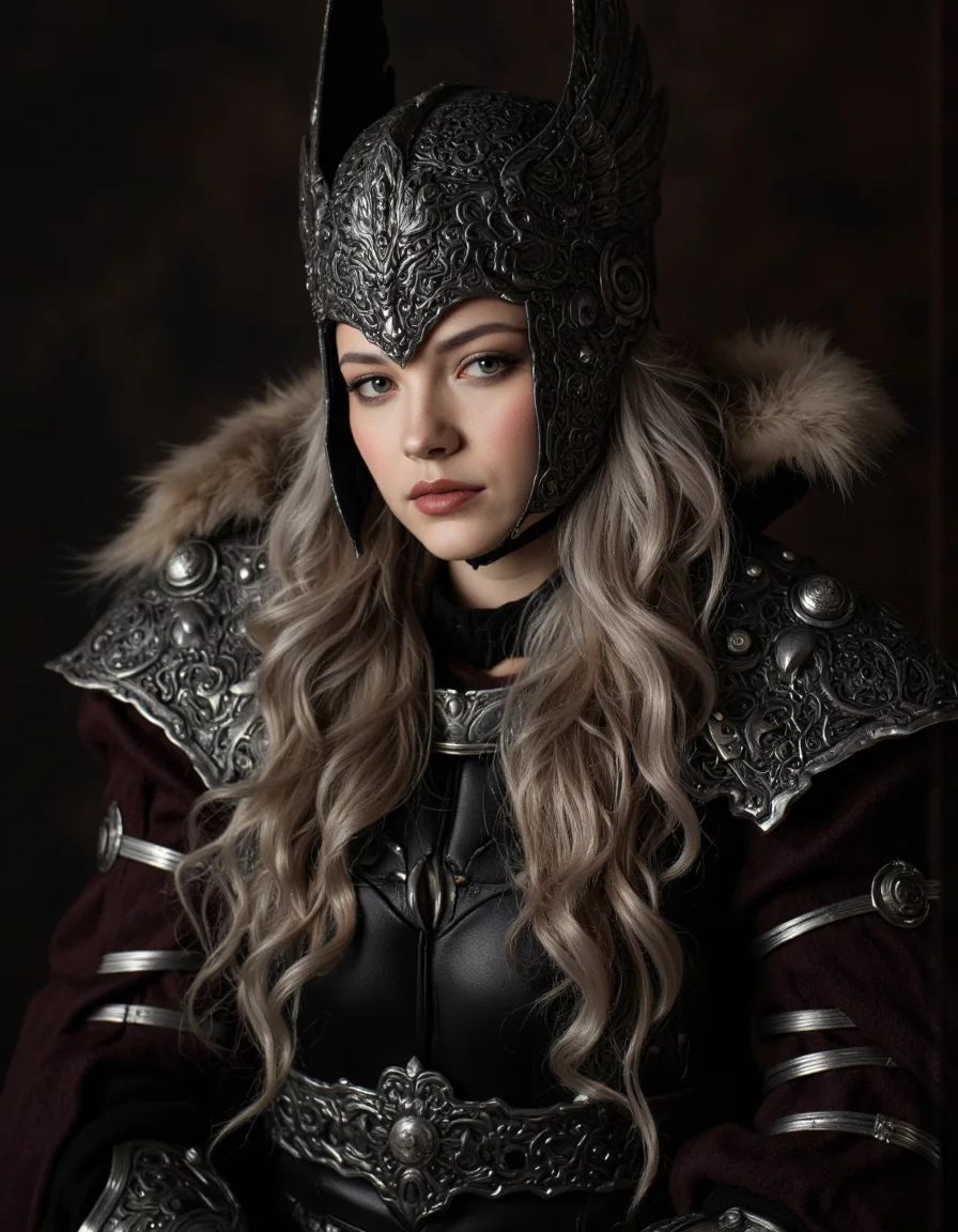 By Arthur Yuan. A dark fantasy portrait, shot from a portrait camera angle, about a female character wearing a dark, ornate helmet with wings and a fur-lined cape, set against a dark background with a dramatic lighting effect. the image also shows intricate, detailed armor and a dramatic pose. on the middle of the image, a woman appears to be in her early twenties, with a serious expression, looking directly at the viewer. she has long, wavy, silver hair and is wearing dark armor with intricate designs, including shoulder armor, breastplate, and pauldrons. her hair is styled in a long, flowing manner, and her eyes are looking to the side. her lips are parted, and she has a mole on her breast. she is wearing a black, leather-like outfit with a fur collar. the overall mood is dark and moody, with dramatic lighting that accentuates her features.
