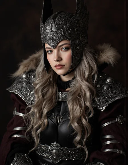 By Arthur Yuan. A dark fantasy portrait, shot from a portrait camera angle, about a female character wearing a dark, ornate helmet with wings and a fur-lined cape, set against a dark background with a dramatic lighting effect. the image also shows intricate, detailed armor and a dramatic pose. on the middle of the image, a woman appears to be in her early twenties, with a serious expression, looking directly at the viewer. she has long, wavy, silver hair and is wearing dark armor with intricate designs, including shoulder armor, breastplate, and pauldrons. her hair is styled in a long, flowing manner, and her eyes are looking to the side. her lips are parted, and she has a mole on her breast. she is wearing a black, leather-like outfit with a fur collar. the overall mood is dark and moody, with dramatic lighting that accentuates her features.