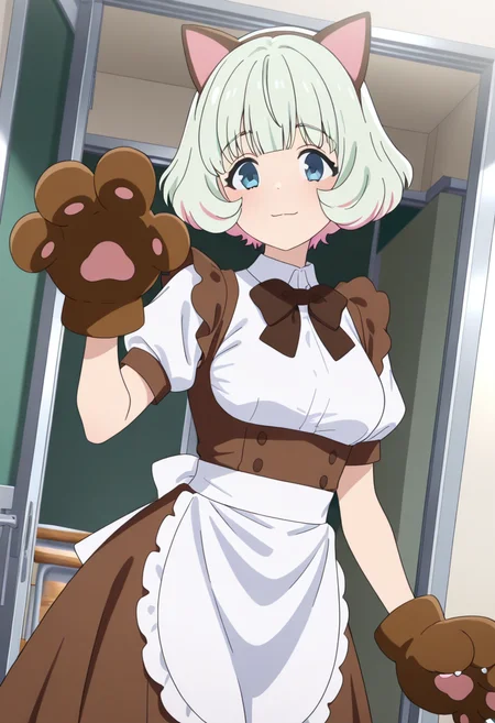 masterpiece,best quality,absurdres,perfect lighting,indoors,classroom,doorway,
*//*,<lora:HealerGirl_HibikiMorishima-Illustrious:1>,hibiki_morishima,1girl,solo,green hair,short hair,colored inner hair,pink hair,blue eyes,bangs,white shirt,brown dress,brown skirt,puffy sleeves,puffy short sleeves,brown bow,white waist apron,maid apron,maid,fake animal ears,cat ears,paw gloves,brown gloves,
*//*,looking at viewer,cowboy shot,dutch angle,dynamic pose,light smile,
