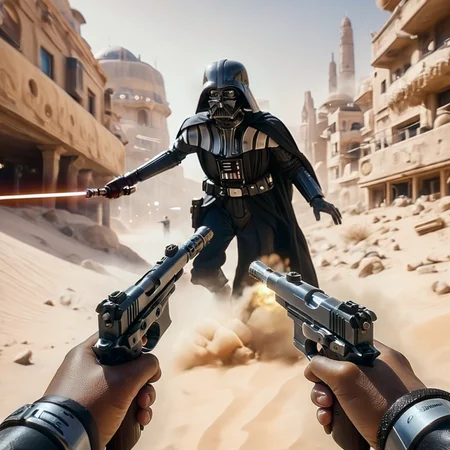 action shot of (dual pistol pov:1.3), first person view with two hands gripping pistols, pistols firing, (Darth Vader wielding his (lightsaber:1.1):1.2), sandy Mos Eisley town on Tatooine, 8k, UHD, DSLR, insane detailed, award-winning photo, bokeh, film grain, <lora:XL_Weapon_Dual_Pistol_Pov_-_By_HailoKnight:0.6>, <lora:extremely_detailed:1>, extremely detailed, <lora:d\EnvyActionShotXL01:0.35>, <lora:Blastech_DL-44_Heavy_Blaster_Pistol_SDXL:1.2>, dl44blstr