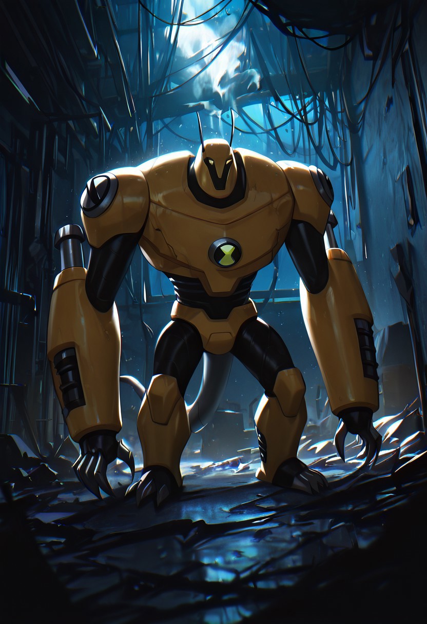 masterpiece, best quality, amazing quality, very aesthetic, absurdres, newest,, detailed background, 
armadrillo, robot, claws, yellow armor, grey tail, antennae, no eyes,  massive arms, yellow helmet, mecha, short legs,
in room, messy room ,filthy room, giant, destroyed room, foreground blur, foreground smoke, bedroom, window, futuristic, night time, horror, bladerunner 2049, movie scene, cinematic, no light,