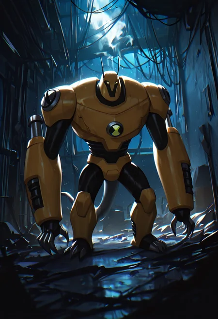 masterpiece, best quality, amazing quality, very aesthetic, absurdres, newest,, detailed background, 
armadrillo, robot, claws, yellow armor, grey tail, antennae, no eyes,  massive arms, yellow helmet, mecha, short legs,
in room, messy room ,filthy room, giant, destroyed room, foreground blur, foreground smoke, bedroom, window, futuristic, night time, horror, bladerunner 2049, movie scene, cinematic, no light,