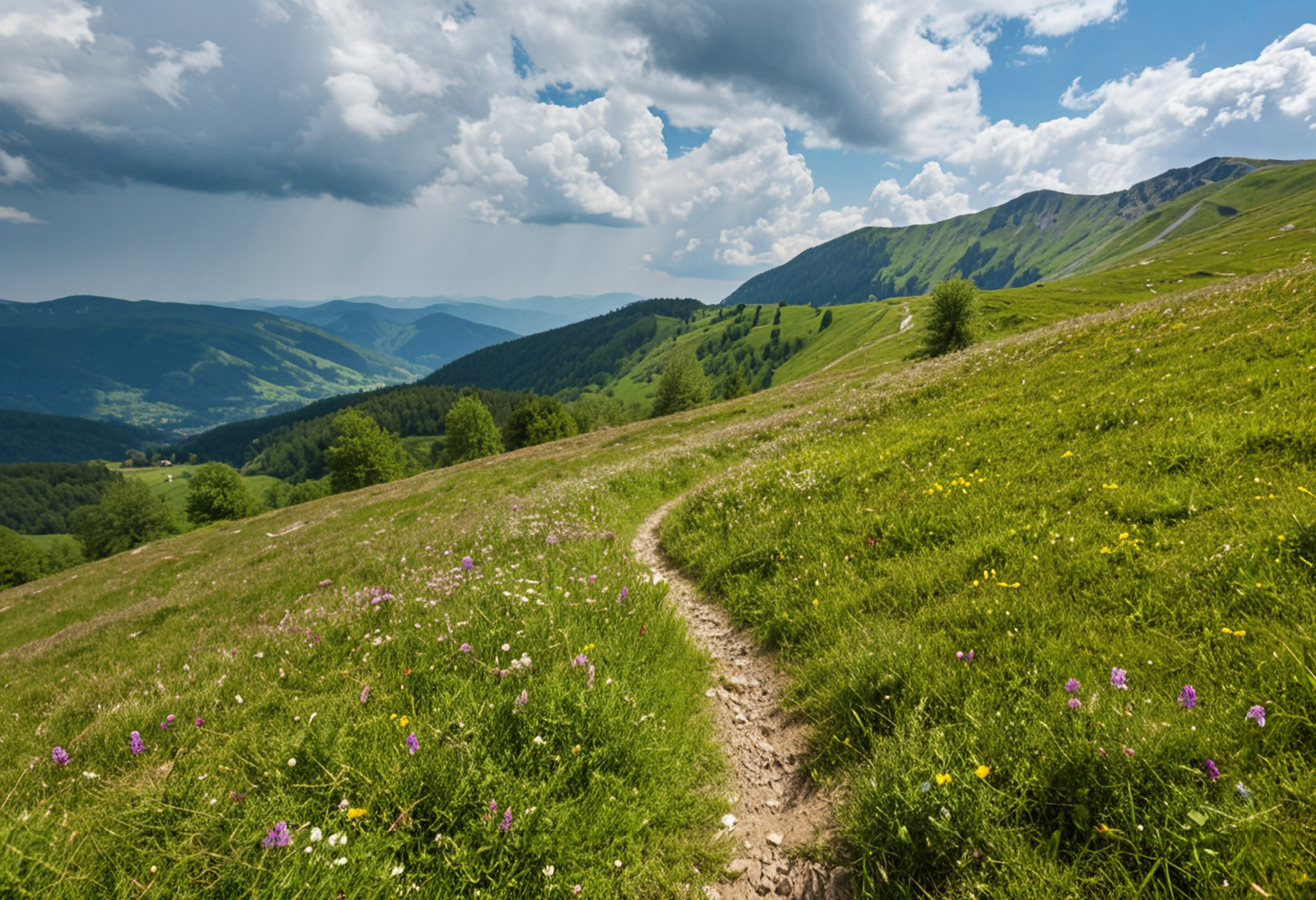 (no human:1.18), scenic wide open alpine landscape, flowering juicy mountain meadow at springtime, Pontic Mountains, Southern Carpathians, (butterflies:1.14), group of  birch trees, (Winding trail) Steep, narrow path, disappearing into the mountainside,  
(Mountain wildflowers: Red clover (Trifolium pratense) 
(clouds dapple sunlight, rain in the distance,:1.18)
,(trending:1.19) (masterpiece:1.08), (high image quality:1.08), (RAW:0.93),high definition,    p4,s9