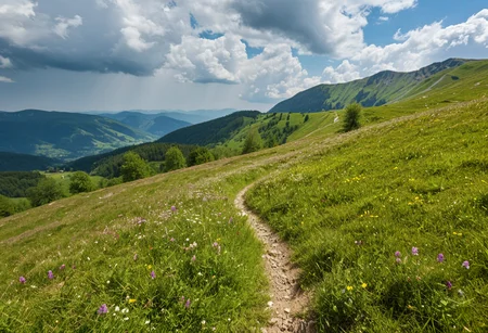 (no human:1.18), scenic wide open alpine landscape, flowering juicy mountain meadow at springtime, Pontic Mountains, Southern Carpathians, (butterflies:1.14), group of birch trees, (Winding trail) Steep, narrow path, disappearing into the mountainside,
(Mountain wildflowers: Red clover (Trifolium pratense)
(clouds dapple sunlight, rain in the distance,:1.18)
,(trending:1.19) (masterpiece:1.08), (high image quality:1.08), (RAW:0.93),high definition, p4,s9