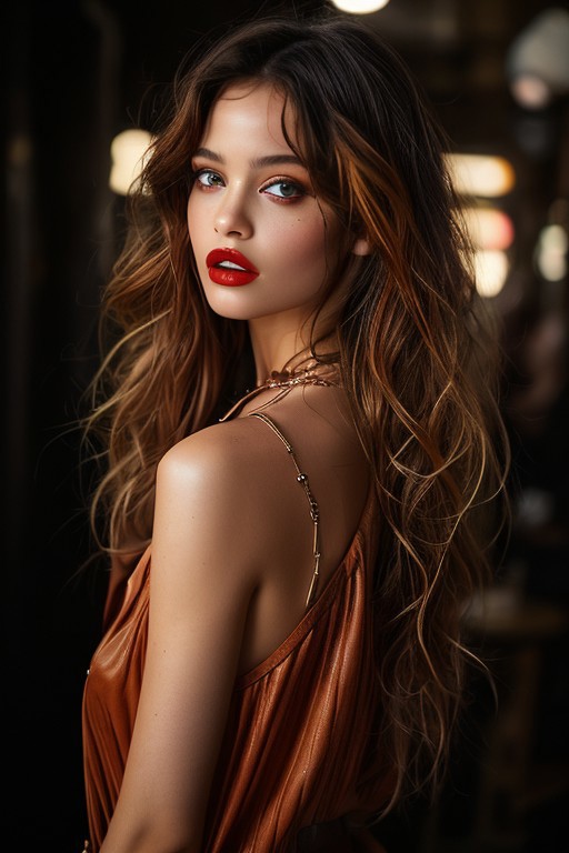 1girl, bellissima, blurry, big round breasts, dress, eyelashes, from side, jeans, leather, glossy lips, long hair, looking at viewer, mole, necklace, parted lips, realistic, short hair, solo, wearing an open shirt, seductive look,half body shot,by Ellen von Unwerth