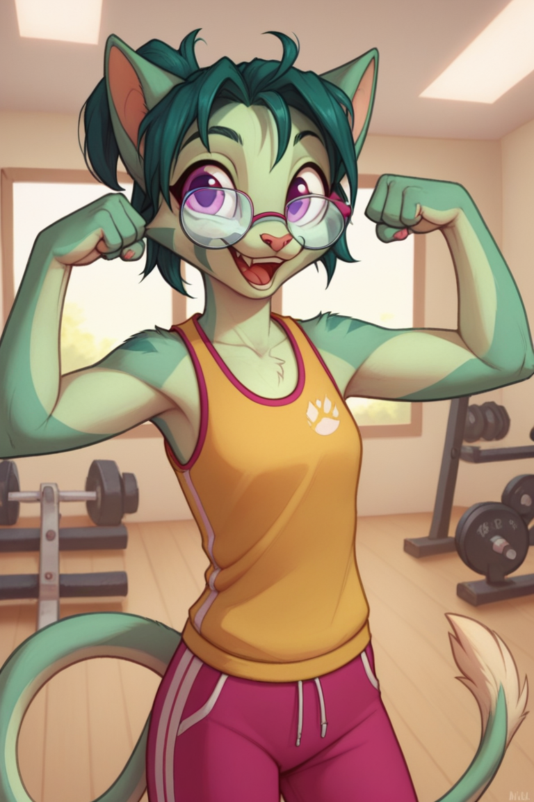 score_9, score_8_up,
solo,
l1l1th_dcp, glasses, tail,
happy, standing,
looking at viewer,
upper body,
in a gym, workout, flexing,
<lora:Lilith_Dreamkeepers_-_Prelude:1>